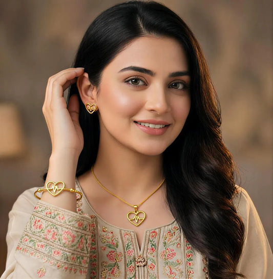 Gold Heartbeat Necklace Bracelet Set for Women