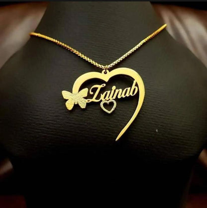 Gold Plated Name Necklace for women|| Zainab Heart Butterfly design