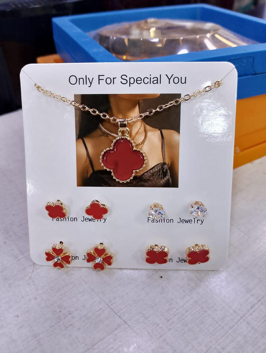 Red Enamel clover jewelry set for women