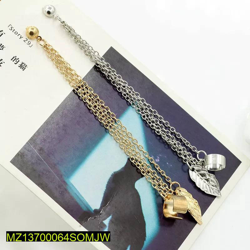 Gold & Silver Leaf chain Ear cuff Earrings Pair 2 Pcs