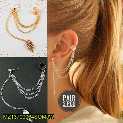 Gold & Silver Leaf Chain Ear Cuff Earrings Pair 2 PCS