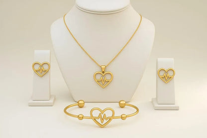 Gold Heartbeat Necklace Bracelet Set for Women