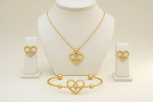 Gold Heartbeat Necklace Bracelet Set for Women