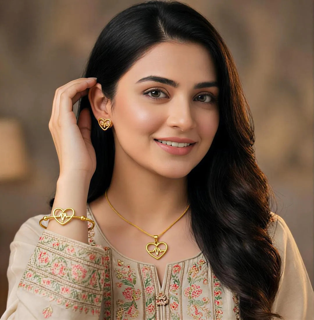Gold Heartbeat Necklace Bracelet Set for Women