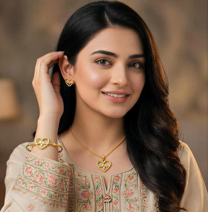 Gold Heartbeat Necklace Bracelet Set for Women