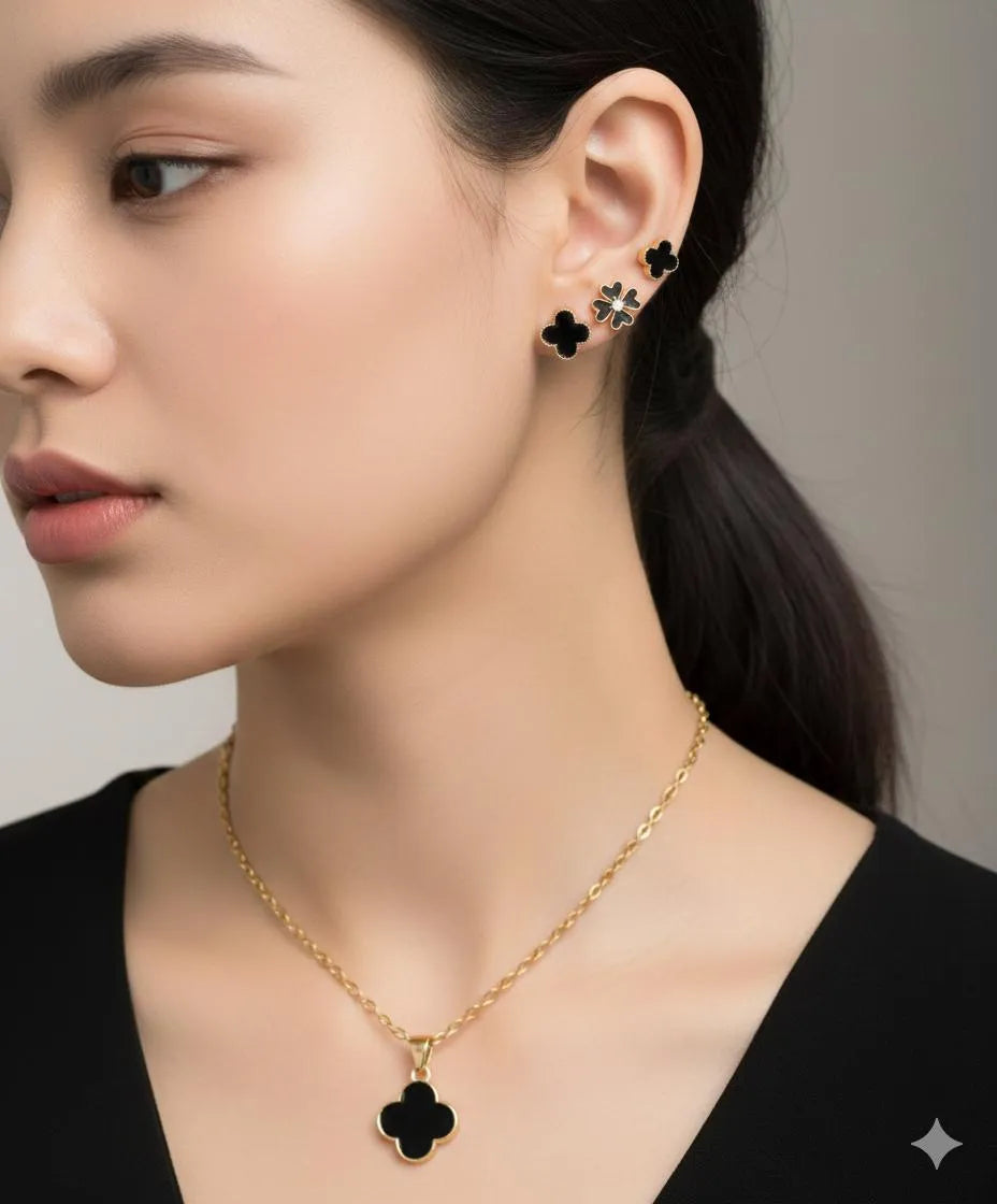 Black Quatrefoil Jewelry Set for Women Gold Plated