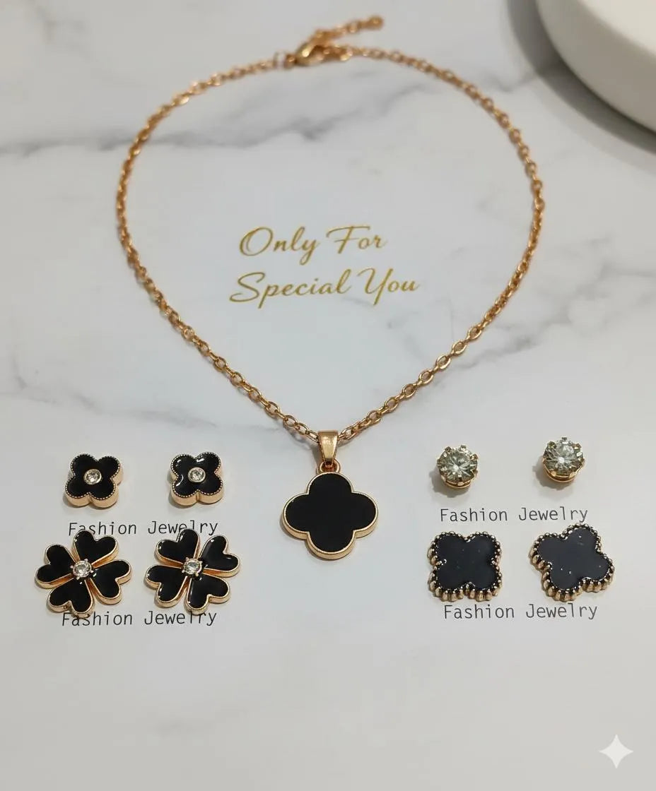 Black Quatrefoil Jewelry Set for Women Gold Plated