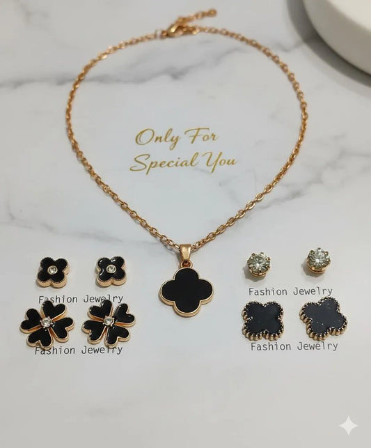 Black Quatrefoil Jewelry Set for Women Gold Plated