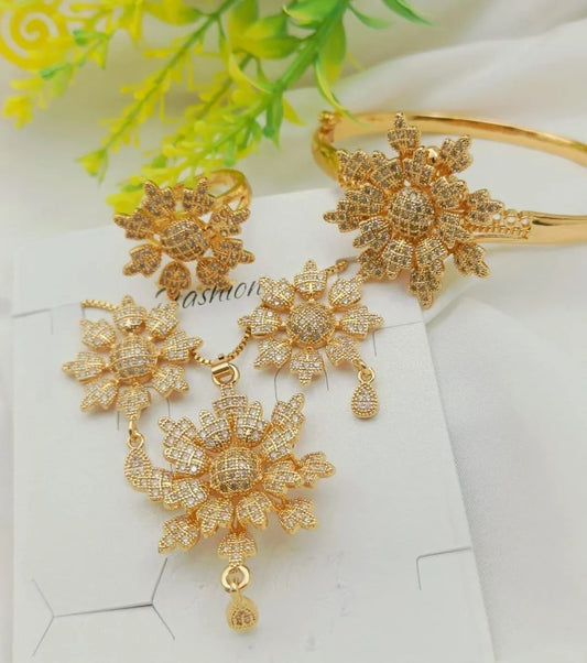 Golden  Flower Jewelry Set for Women with Zarcoon Stones