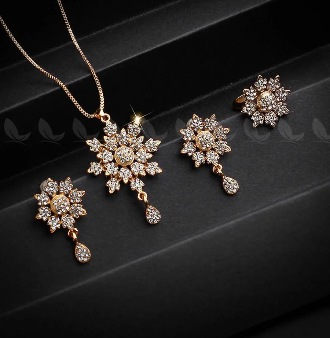 Golden  Flower Jewelry Set for Women with Zarcoon Stones